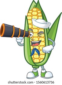 Character sailor holding binocular in the cartoon a corn