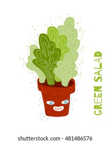 Character salad with ripe green leaves and funny face.