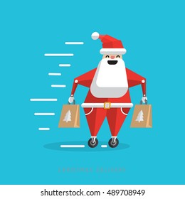 The character of Santa Claus delivering gifts. The concept of delivering the presents and the christmas sales. Cartoon robot Santa Claus with gifts in his hands. Christmas delivery gifts.