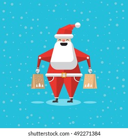 The character of Santa Claus delivering gifts. The concept of delivering the presents and the Christmas sales. Cartoon robot Santa Claus with gifts in his hands
