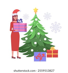 A character in a Santa hat is holding a gift near a festive Christmas tree. It's a New Year's and Christmas theme. Vector set in a flat style