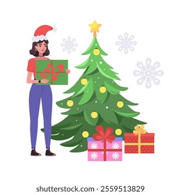 A character in a Santa hat is holding a gift near a festive Christmas tree. It's a New Year's and Christmas theme. Vector set in a flat style