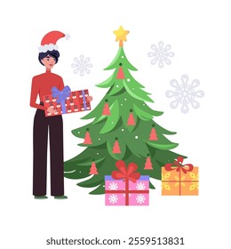 A character in a Santa hat is holding a gift near a festive Christmas tree. It's a New Year's and Christmas theme. Vector set in a flat style