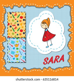 Character Sara. Young mother with closed eyes and smile. She likes fruits, vegetables, and cooking.