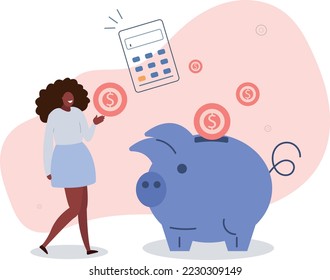 character saves coins and puts them in a piggy bank .savings concept.vector illustration.