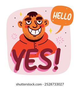 Un personaje dice hola, una pegatina de estilo plano