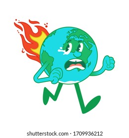 С personaje de artoon del planeta en llamas asustado, tierra azul que huye del fuego. Ilustración moderna de diseño plano vectorial. Planeta en la llama.