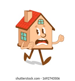 Сartoon character of scared house which run away from dangerous situation. Modern vector flat design illustration.