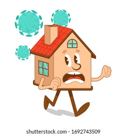 С personaje de artoon de casa asustada que huye del coronavirus, microbios covid-19, 2019-nCoV, bacterias.Ilustración moderna de diseño plano vectorial. Situación epidémica de cuarentena.