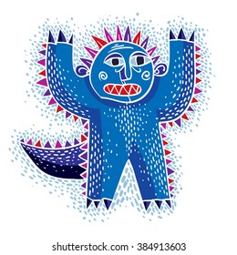 Character scared monster vector flat illustration, cute blue mutant. Drawing of weird beast, emotional expression. 