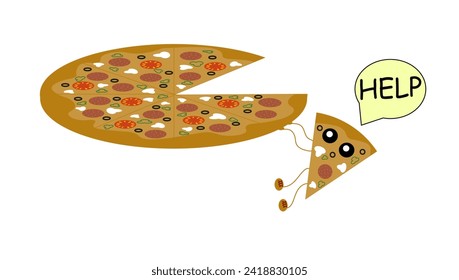 Character is scared a slice of pizza is calling for help