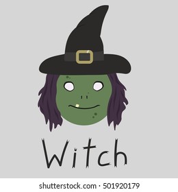character scary Witch in flat style in a big hat for halloween, green head
