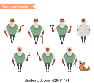 character for scenes. Funny African American grandpa cartoon.
