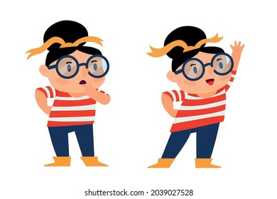a character from a school class.a little girl in a striped T-shirt and glasses thinks about the answer. she stretches out hand to answer the question.