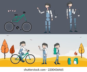 Character schoolgirl for animation. Girl on a bike. Autumn time. Animation set. Girl with a backpack. Vector character