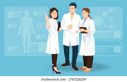 The character of scientists wearing white lab coats standing in front of hologram research about virus, Female and male medical characters. Cartoon flat vector illustration.