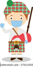 Character from Scotland dressed in the traditional way with kilt and bagpipes and with surgical mask and latex gloves as protection against a health emergency