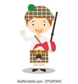 Character from Scotland dressed in the traditional way with kilt and bagpipes. Vector Illustration. Kids of the World Collection.