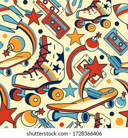 Character seamless pattern with 90 s audio cassette, rollers, skateboard, retro tape cassette. Concept of: vintage music, old school,1980s pop songs.