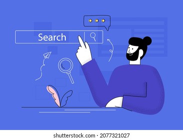 Character searching information on internet. Business man clicking internet search page on computer touch screen. Web search in internet, online surfing, SEO Website vector illustration concept vector