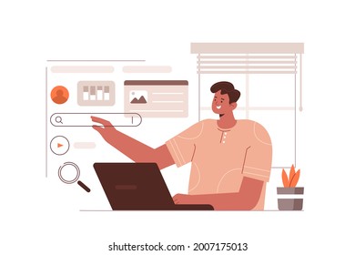 Character searching on internet and trying to find information online. Man browsing the websites on laptop. Flat cartoon vector illustration.