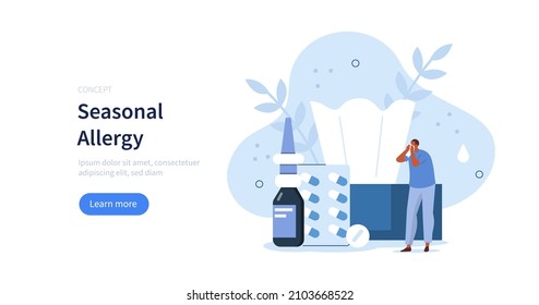 Character with seasonal pollen allergy symptoms sneezing to nose wiper. Person with allergy concept. Vector illustration.
