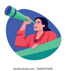A character seeing through a telescope depicting vision, flat illustration