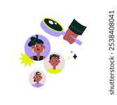 Character Selection With Magnifying Glass In Flat Vector Illustration Symbolizing Recruitment, Job Search, And Talent Identification, Isolated On White Background.