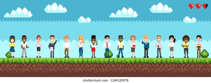 Character selection for playing game, standing men and women on green landscape with bushes. Pixel art illustration with cloudy sky and hearts vector
