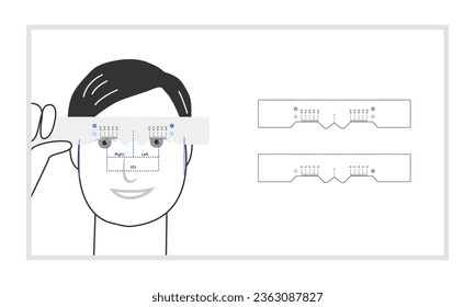 Character self measuring pupil distance with manual pupillometer for order glasses. Flat modern cartoon style blue color trendy vector medical illustration isolated on white. Ophthalmic exam concept.
