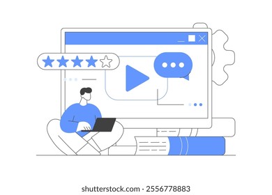 Character self studying online in internet educational platform. Student talking with teacher. Distance learning and online education concept. Course review. Flat Cartoon Vector Illustration, icon