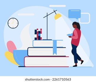 Character with  self-learning. Education and personal growth concept. Self development, distance learning. Mental hygiene. Girl with book. Library. World Book day. 