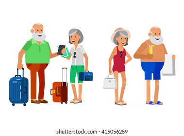 Character senior, age travelers. Old age retired tourists couple. Elderly couple having summer vacation, tourists with map and gadget, in swimsuits go on beach