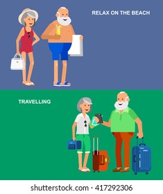 Character senior, age travelers. Old age retired tourists couple. Elderly couple having summer vacation, tourists with map and gadget, in swimsuits go on beach