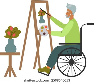 character senior person artist with disability in wheelchair drawing on canvas. elderly man painter in wheel chair painting at easel. Flat vector illustration isolated on white background