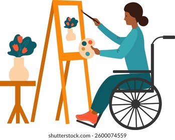 character senior person artist with disability in wheelchair drawing on canvas. elderly man painter in wheel chair painting at easel. Flat vector illustration isolated on white background