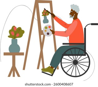 character senior person artist with disability in wheelchair drawing on canvas. elderly man painter in wheel chair painting at easel. Flat vector illustration isolated on white background