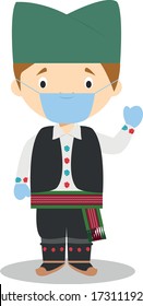 Character from Serbia dressed in the traditional way and with surgical mask and latex gloves as protection against a health emergency