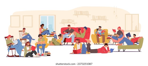 Character In The Serene Library, People Quietly Immerse Themselves In Books, A Symphony Of Rustling Pages And Focused Minds, Seeking Knowledge And Adventure Within The Bound Pages. Vector Illustration