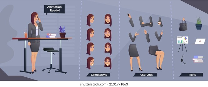 Character Set For Animation With Emotions And Poses Woman Wearing Gray Suit Premium Vector