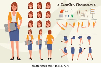 Character set for animation. Young
 business woman character for animated. Creation people with emotions face animation mouth. Flat vector design.