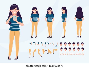 Character set for animation. Young business woman character for animation. Creation people with face emotions. Flat vector design.