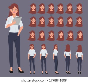 Character set for animation. Young business woman character for animated. Creation people with emotions face animation mouth. Flat vector design.