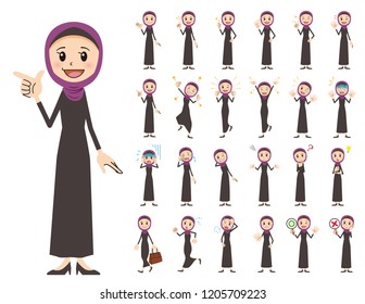 It is a character set of an arabian woman. There are basic emotional expression and pose. It's vector art so it's easy to edit.