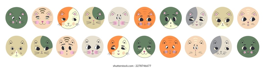 Character set, black eyes cats. Flat icons, various stickers, cute cat. Abstract colorful design
