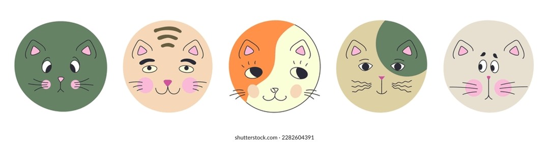 Character set, black eyes cats. Diverse stickers, different moods, rounded cat muzzle. Abstract colorful design
