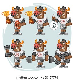 Character Set Bull Football Player Holds Cup Money Dumbbell. Vector Illustration. Mascot Character.