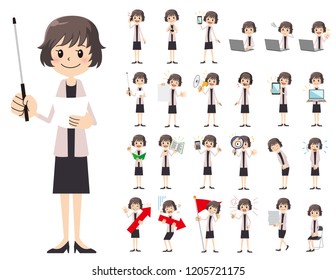 It is a character set of a business women. There are gestures and poses mainly explained. It's vector art so it's easy to edit.