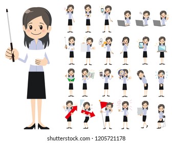 It is a character set of a business women. There are gestures and poses mainly explained. It's vector art so it's easy to edit.