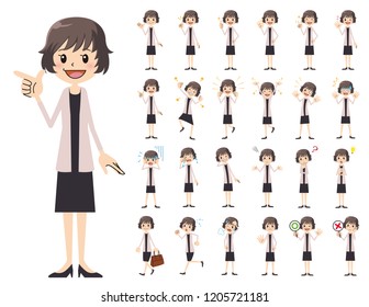 It is a character set of a business women. There are basic emotional expression and pose. It's vector art so it's easy to edit.
